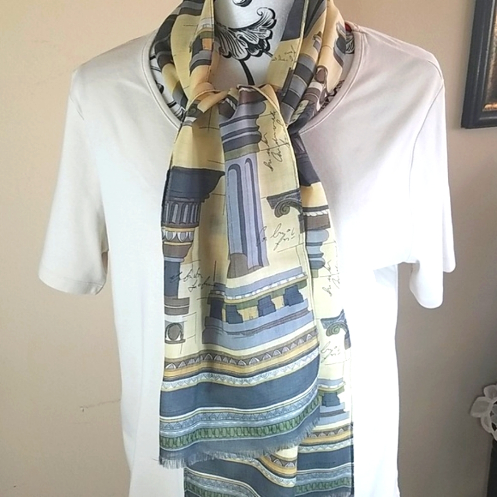 Liz Claiborne/Yellow, gray and green scarf. 70" long.